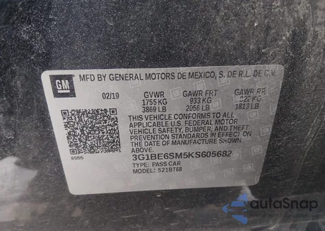 2019 Chevrolet Cruze Lt z USA, uszkodzony, nr VIN 3G1BE6SM5KS605682